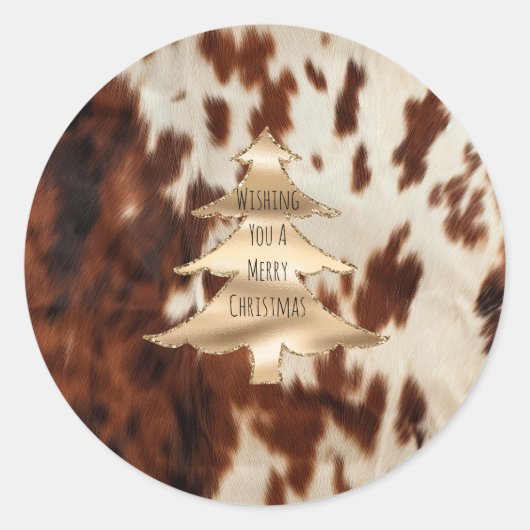 Brown Cream Western Cowhide Christmas Ronde Sticker (Voorkant)