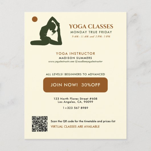 Brown Cream Yoga Cursussen Instructeur Aangepaste  Flyer (Achterkant)
