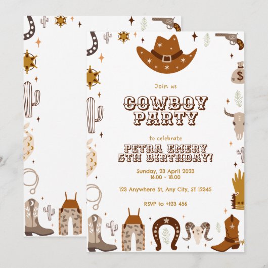 Brown Cute Cowboy Birhday Kaart Invitation (Voorkant / Achterkant)