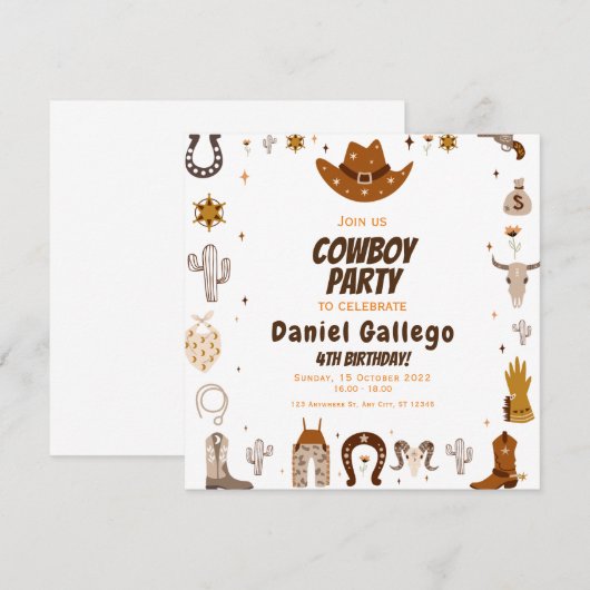 Brown Cute Cowboy Birthday Kaart (Voorkant / Achterkant)