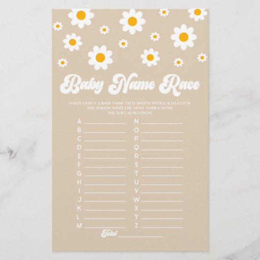 Brown Daisy Naam Race Baby shower Spelactiviteit Briefpapier (Voorkant)
