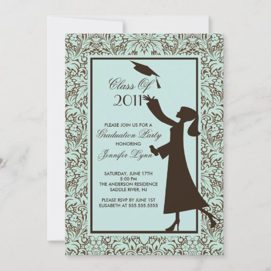 Brown Damask Afstuderen Invitation Silhouette Afst Kaart (Voorkant)