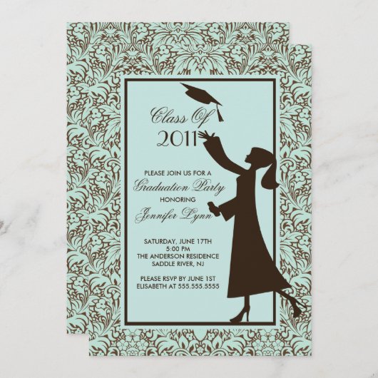 Brown Damask Afstuderen Invitation Silhouette Afst Kaart (Voorkant / Achterkant)