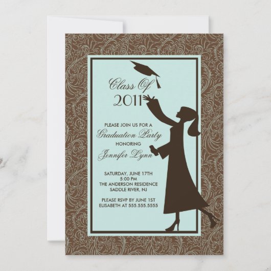 Brown Damask Afstuderen Invitation Silhouette Afst Kaart (Voorkant)
