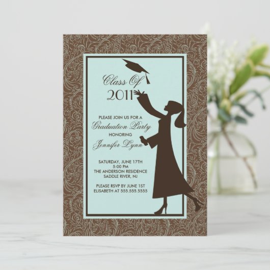 Brown Damask Afstuderen Invitation Silhouette Afst Kaart (Staand voorkant)