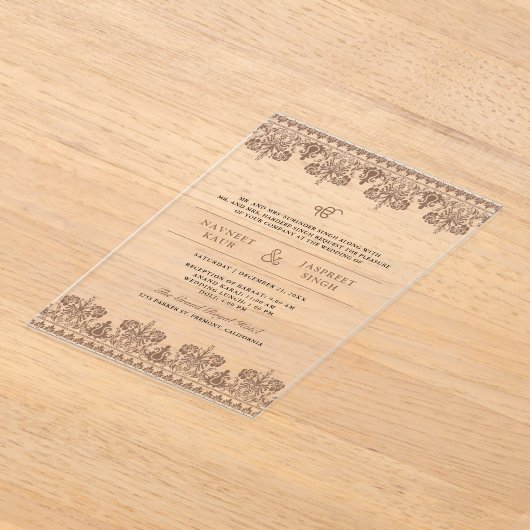 Brown Damask Border Anand Karaj Sikh Wedding Acryl Uitnodigingen (Laagn)