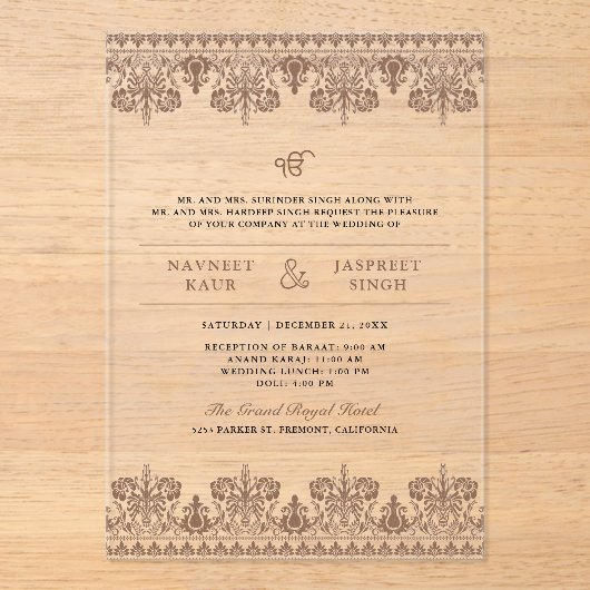 Brown Damask Border Anand Karaj Sikh Wedding Acryl Uitnodigingen (Voorkant)