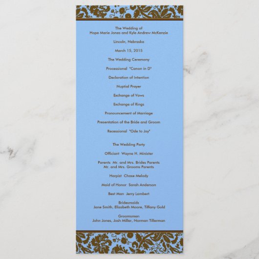 Brown Damask on Blue Wedding Programme Programmakaart (Voorkant)