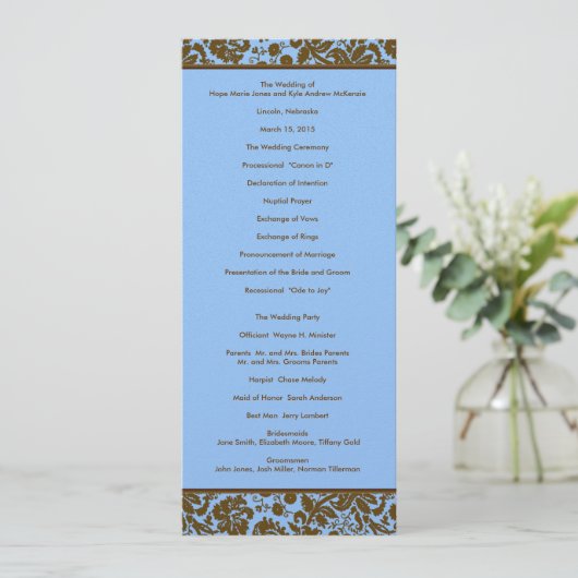 Brown Damask on Blue Wedding Programme Programmakaart (Staand voorkant)