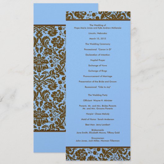 Brown Damask on Blue Wedding Programme Programmakaart (Voorkant / Achterkant)