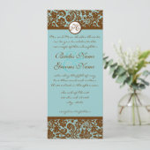 Brown Damask over Aqua Blue Wedding Invitation Kaart (Staand voorkant)