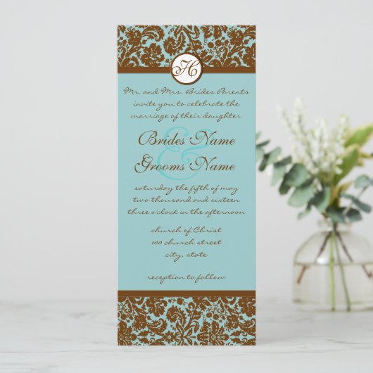 Brown Damask over Aqua Blue Wedding Invitation Kaart (Staand voorkant)