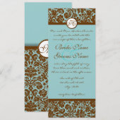 Brown Damask over Aqua Blue Wedding Invitation Kaart (Voorkant / Achterkant)
