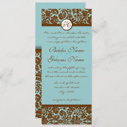 Brown Damask over Aqua Blue Wedding Invitation Kaart (Voorkant / Achterkant)