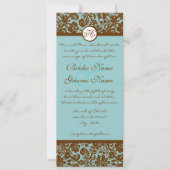Brown Damask over Aqua Blue Wedding Invitation Kaart (Voorkant)