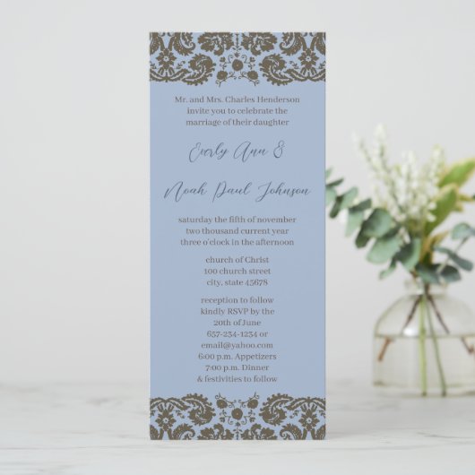 Brown Damask over Aqua Blue Wedding Invitation Kaart (Staand voorkant)