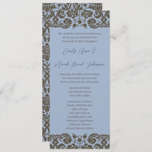 Brown Damask over Aqua Blue Wedding Invitation Kaart (Voorkant / Achterkant)