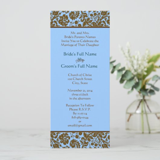 Brown Damask over Aqua Blue Wedding Invitation Kaart (Staand voorkant)