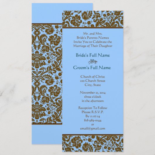Brown Damask over Aqua Blue Wedding Invitation Kaart (Voorkant / Achterkant)