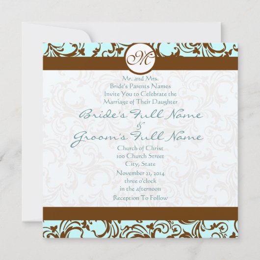 Brown Damask over Aqua Blue Wedding Invitation Kaart (Voorkant)