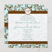 Brown Damask over Aqua Blue Wedding Invitation Kaart (Voorkant / Achterkant)