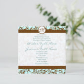 Brown Damask over Aqua Blue Wedding Invitation Kaart (Staand voorkant)