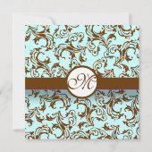 Brown Damask over Aqua Blue Wedding Invitation Kaart (Achterkant)