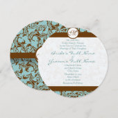 Brown Damask over Aqua Wedding Invitation Kaart (Voorkant / Achterkant)