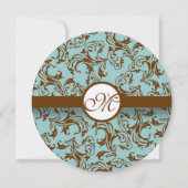 Brown Damask over Aqua Wedding Invitation Kaart (Achterkant)