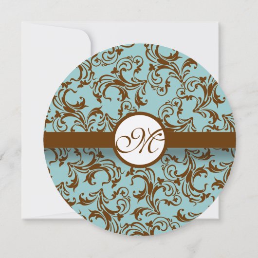 Brown Damask over Aqua Wedding Invitation Kaart (Achterkant)