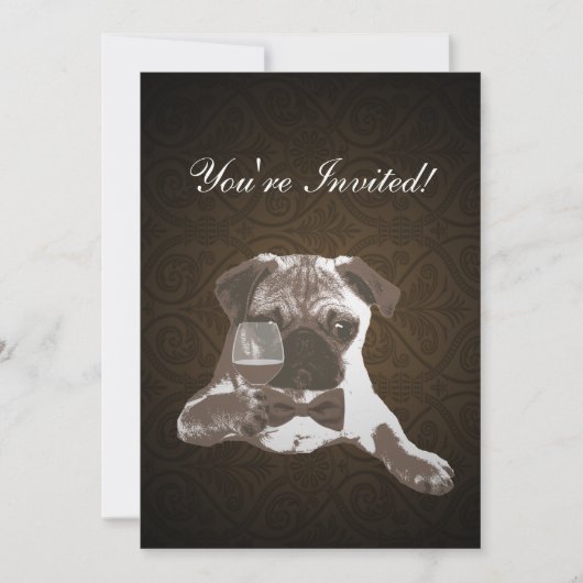Brown Damask Pug & Fine WIne Birthday Uitnodiging (Voorkant)