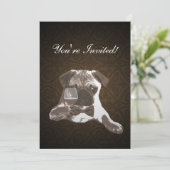 Brown Damask Pug & Fine WIne Birthday Uitnodiging (Staand voorkant)