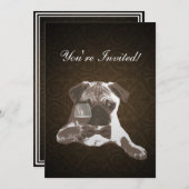Brown Damask Pug & Fine WIne Birthday Uitnodiging (Voorkant / Achterkant)