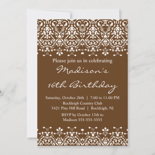 Brown Damask Sweet Sixteen Birthday Uitnodiging (Voorkant)