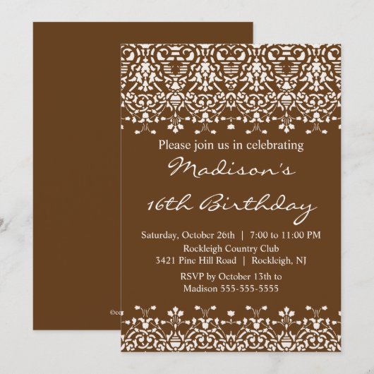 Brown Damask Sweet Sixteen Birthday Uitnodiging (Voorkant / Achterkant)
