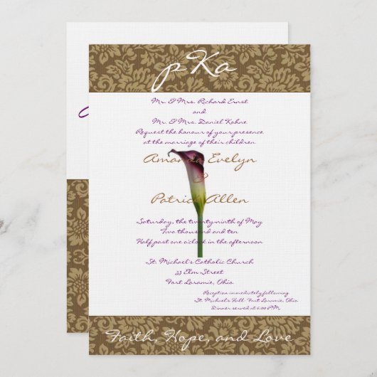 Brown Damask Wedding Inv. Kaart (Voorkant / Achterkant)
