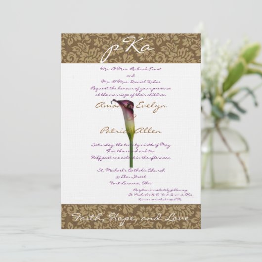 Brown Damask Wedding Inv. Kaart (Staand voorkant)