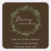 BROWN ELEGANT HOLLY BERRY WREATH CHRISTMAS ADRES VIERKANTE STICKER (Voorkant)