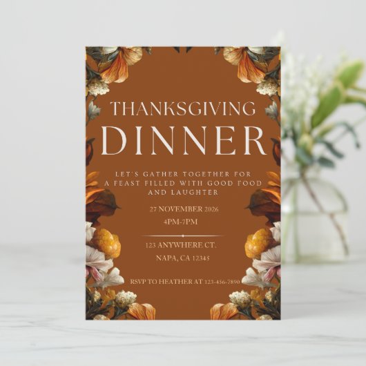Brown Elegant Thanksgiving Dinner Invitation Kaart (Staand voorkant)