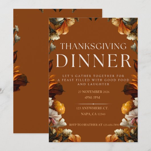 Brown Elegant Thanksgiving Dinner Invitation Kaart (Voorkant / Achterkant)