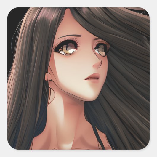 Brown Eyed Brunette Anime Meisje Vierkante Sticker (Voorkant)