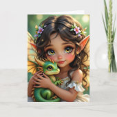Brown Eyed Elven Fairy and Dragon Birthday Kaart (Voorkant)