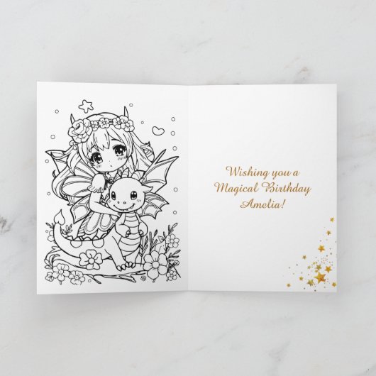 Brown Eyed Elven Fairy and Dragon Birthday Kaart (Binnen)