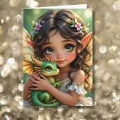 Brown Eyed Elven Fairy and Dragon Birthday Kaart