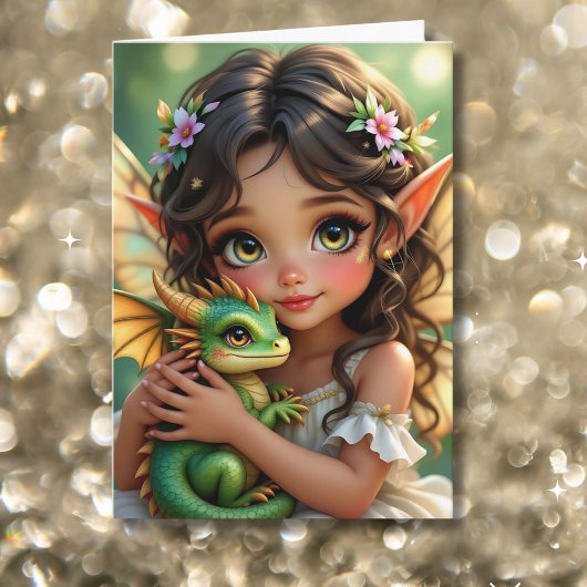 Brown Eyed Elven Fairy and Dragon Birthday Kaart