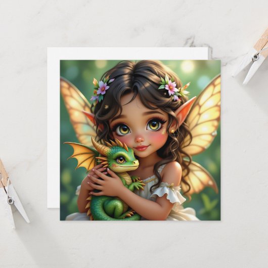 Brown Eyed Elven Fairy and Dragon  Kaart (Voorkant / Achterkant in situ)