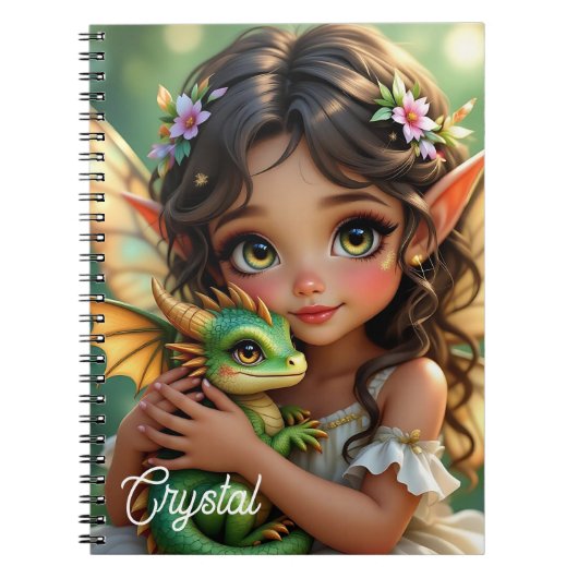 Brown Eyed Elven Fairy and Dragon Personalized Notitieboek (Voorkant)