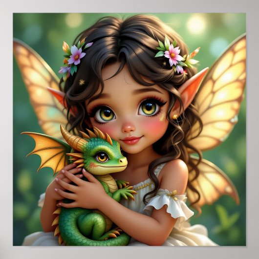 Brown Eyed Elven Fairy and Dragon  Poster (Voorkant)
