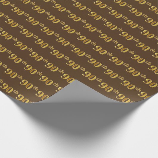 Brown, Faux Gold 90th (Ninetieth) Event Cadeaupapier (Hoek)