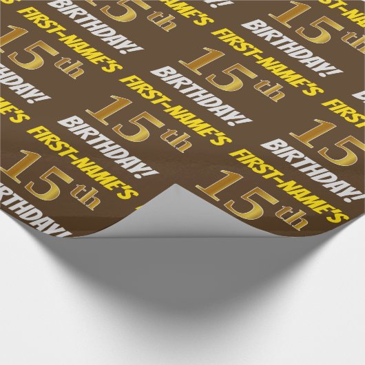 Brown, Faux/Imitation Gold, 15th BIRTHDAY Cadeaupapier (Hoek)